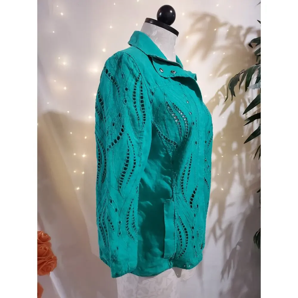 Chicos Eyelet Linen Zip Jacket Womens Size 0 US S 4 Green Natural Coastal Lace - Picture 4 of 13